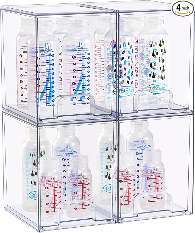 Sorbus Stackable Acrylic Storage Drawers, 4 Pack Clear Plastic Organizer Bins for Baby Bottles, Makeup, Bathroom, Vanity & Kitchen Countertop Organization, Pull-Out Drawer Design for Cabinets & Pantry
