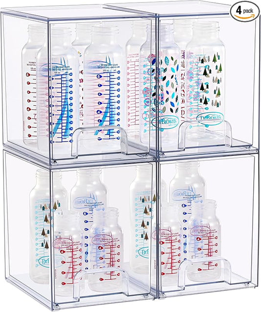 Sorbus Stackable Acrylic Storage Drawers, 4 Pack Clear Plastic Organizer Bins for Baby Bottles, Makeup, Bathroom, Vanity & Kitchen Countertop Organization, Pull-Out Drawer Design for Cabinets & Pantry