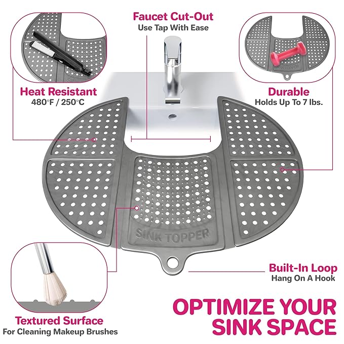 Sink Topper Bathroom Counter Cover & Storage Saver, Foldable Silicone Mat for Hot Tools, Hair Styling & Makeup, Beauty Brush Cleaning Mat, RV Camper Sink Cover & for Small Spaces (Large Silver)