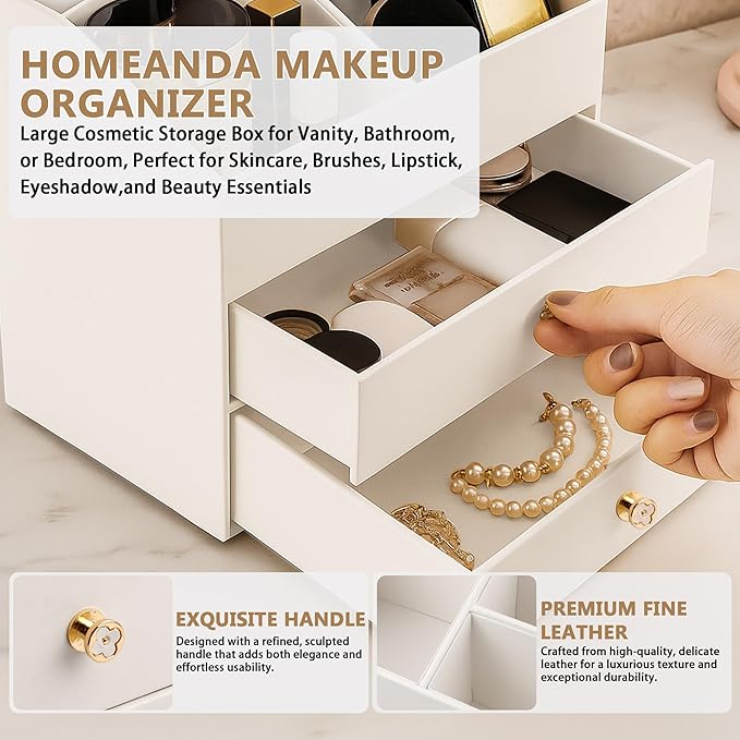 Homeanda Makeup Organizer with Drawers, PU Leather Cosmetic Storage Box Large Cosmetic Display Case for Skincare, Lipstick, Brushes, Bedroom Storage(White)