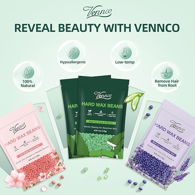 Vennco Hard Wax Beads Kit for Hair Removal, 36 Pieces Wax Beads for Full Body, Face, and Brazilian Bikini, Aloe, Lavender, Cherry Blossom - Includes Pre and Post Wax Oils