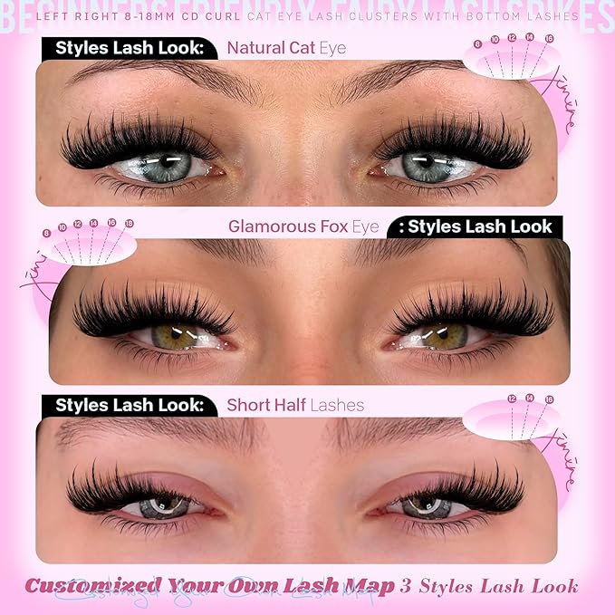 JIMIRE Lash Clusters Wispy Eyelash Clusters Cat Eye Lash Clusters with Spikes 8-18MM Volume Fluffy Cluster Eyelash Extensions with Bottom Lashes Clusters Extension Easy to Apply 144Pcs Pack