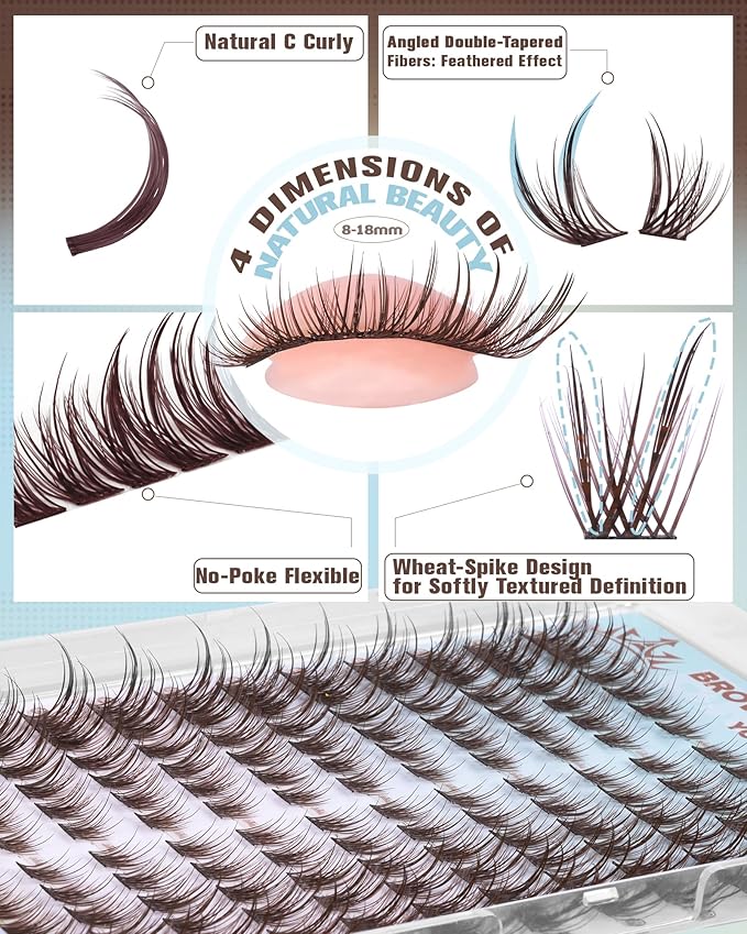 ALICROWN Brown Lash Clusters Natural Eyelash Extensions Cat Eye Eyelash Clusters Left & Right Wispy Lash Extensions Fox Eye Cluster Lashes C Curly DIY Individual Lashes Fairy Eyelashes