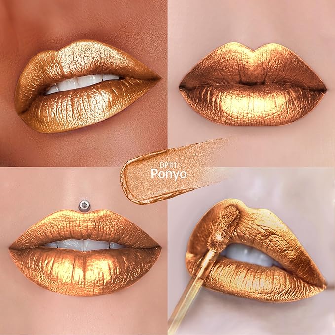 Depuplum Gold Lipsticks for Women Metallic Lipstick Long Lasting Non Stick Cup Lip Gloss, Shimmer Lightweight Hydrating Full Coverage Lip Color,DP111 Ponyo