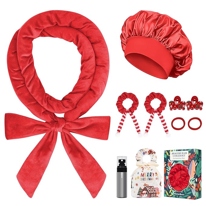 Gwabee 10 PCS Christmas Heatless Curls Overnight Hair Curler, 70" Overnight Curls Hair Curlers to Sleep In with Bonnet for Women Long Hair Volume, Heatless Curling DIY Set - Red