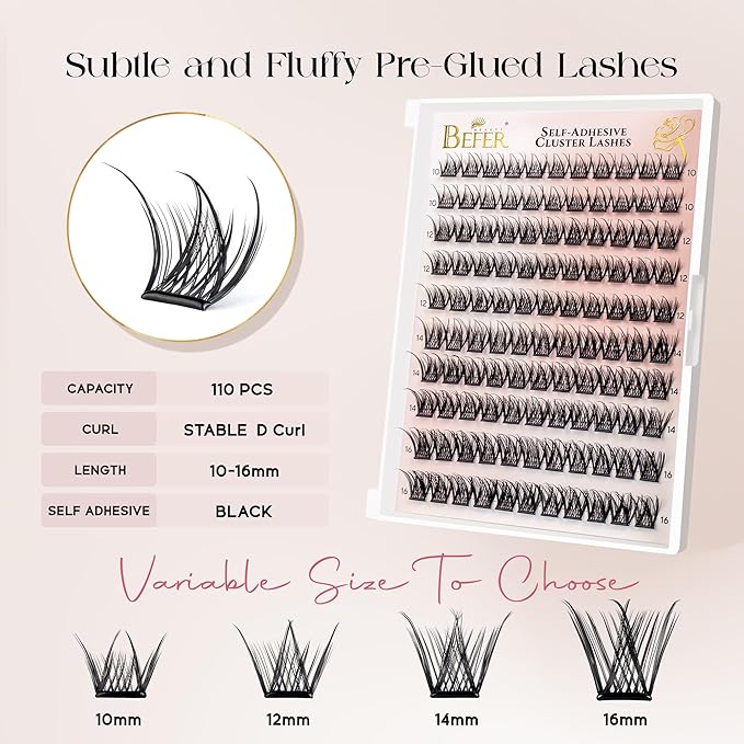 BEFER Self Adhesive Eyelashes Clusters, D Curl 10-16MM Pre Glued Lash Natural Look No Glue No Remover Needed Reusable Lashes Press on Eyelash Clusters Easy for Use DIY at Home(TYB85,Flare)