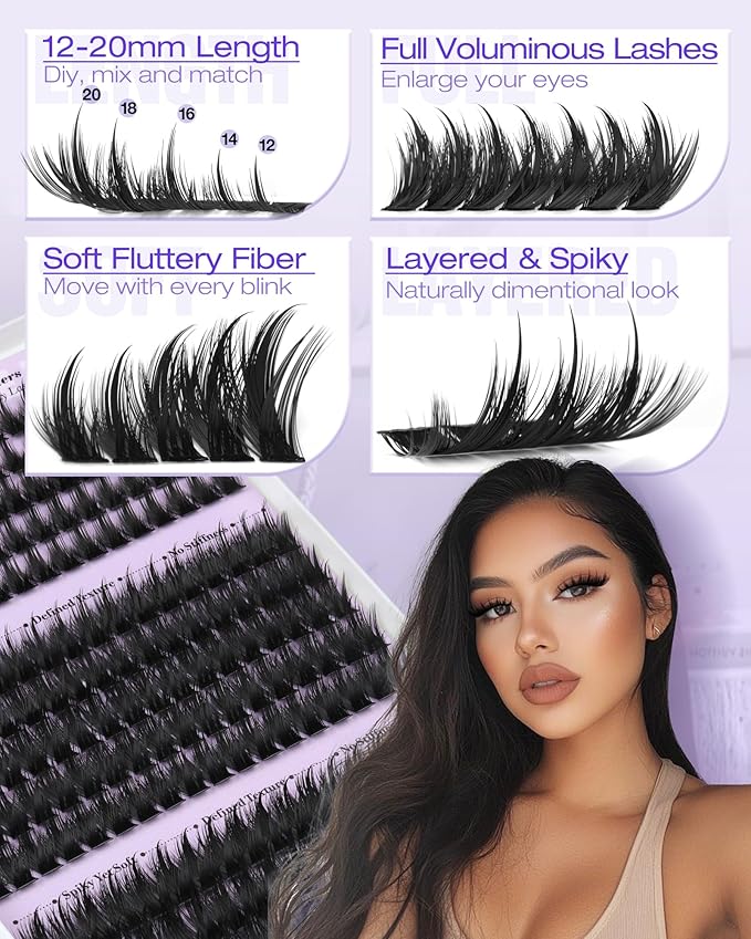 Volume Lash Clusters Kit with Spikes Manga Eyelash Clusters Wispy Cluster Eyelash Extensions Kit 12-20mm D Curl Spiky Individual Lashes DIY Lash Extension Kit with Quick-Dry Bond & Seal, Lash Tweezer