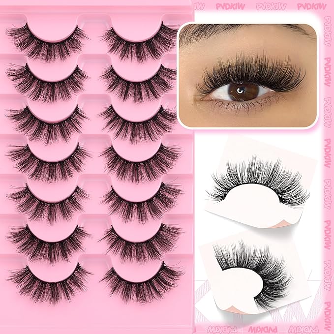 Wispy Lashes Manga False Eyelashes Natural Cat Eye Lahses Strip 8-15mm Fake Lashes Pack Wispy 3D Eyelashes with Cotton Band, 7 Pairs