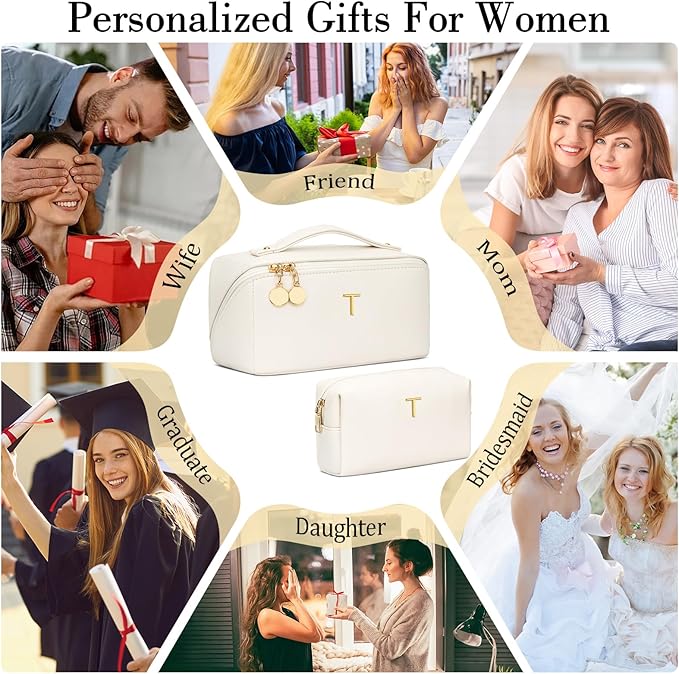 Birthday Gifts for Women Teen Girl, Personalized Initial Makeup Organizer Bag Set, Open Flat Travel Cosmetic Bag With Clear Divider and Handle(Beige,T)
