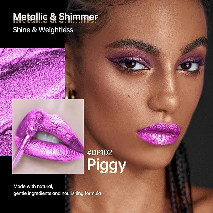 Depuplum Purple Lipsticks for Women Metallic Lipstick Long Lasting Lip Gloss Metal Shine Lightweight Hydrating Full Coverage Lip Color, DP102 Piggy