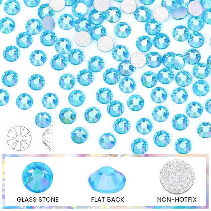 Novani Rhinestones for Crafts, Glass Crystals - Flatback Nail Gems & Rhinestones for Nails Art, Makeup, Face, Clothes, Shoes Decoration & DIY (SS10, 1440pcs, Aquamarine AB)