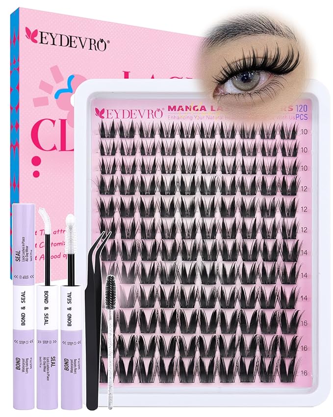 EYDEVRO Manga Lash Clusters Kit Fairy Eyelash Clusters Kit Wet Look Anime Cluster Eyelash Extensions Kit 10-16mm Natural Wispy DIY Lash Extension Kit Waterproof Lash Bond and Seal Tweezers Brush