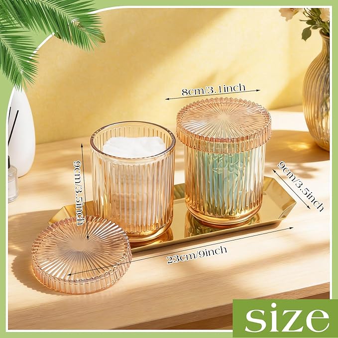 Yiyiring 2 Pack Glass Cotton Swab Holder with Lids and 1 Pack Stainless Steel Trays and Labels Glass Swab Dispenser Cotton Ball Holder Apothecary Jars Floss Pick Containers Bathroom Organizers(Amber)