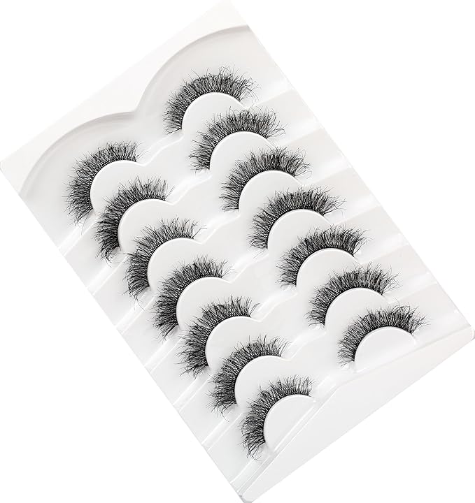Pooplunch False Eyelashes Cat Eye Look Natural Short Wispy Lashes 8D Crossed Extension Volume Fake Eyelashes Faux Mink Human Hair Lashes 7 Pairs Pack