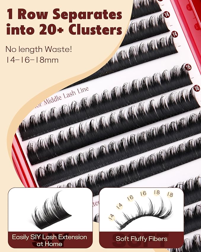 TOOCHUNAG SIY Eyelashes for Separate Lash Clusters by Yourself 14/16/18mm Long Manga Lashes Clusters Volume Cluster Eyelash Extensions at Home with DIY Lash Spikes Cluster