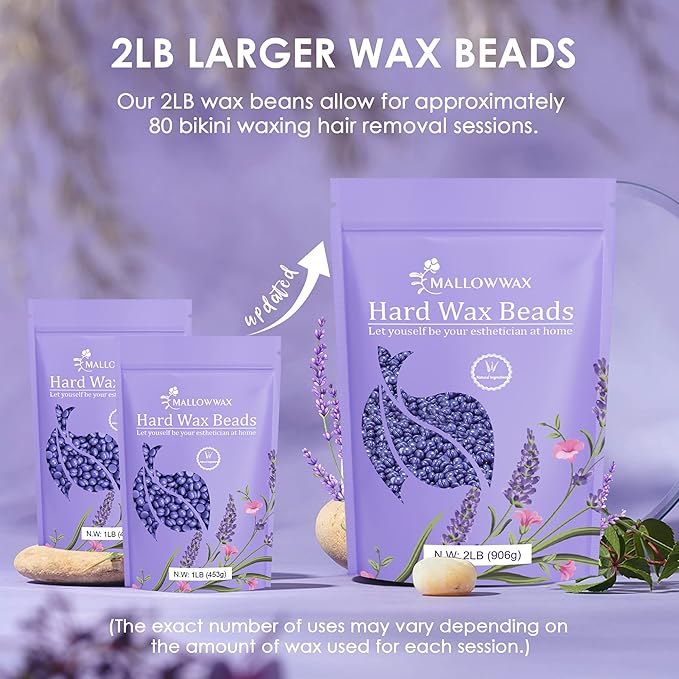 Mallowwax - Lavender - Wax Beads for Hair Removal - Natural & Hypoallergenic Formula - Stripless Refillable 2LB - Ideal for At-Home Use and Sensitive Areas