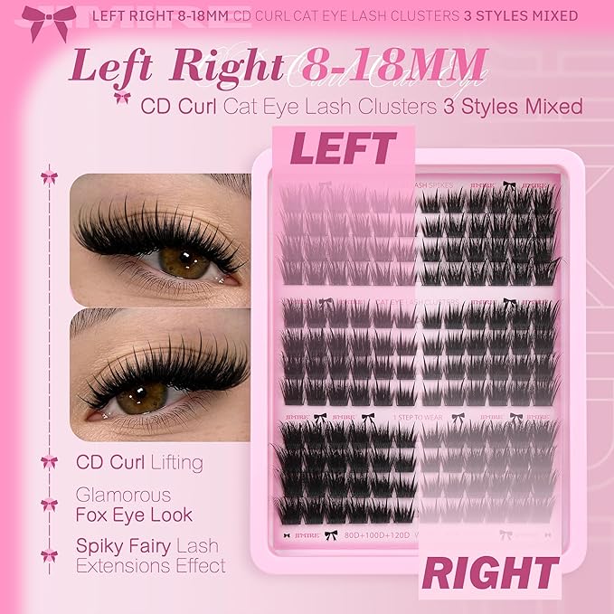 JIMIRE Wispy Lash Clusters with Spikes Cat Eye Cluster Eyelash Extensions 8-18MM C Curly Fuffy Eyelash Clusters 3 Styles Mixed Natural Spiky Cluster Lashes Easy to Apply DIY Lash Extension at Home