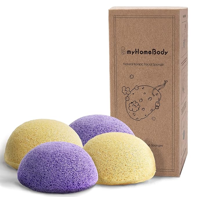 myHomeBody Natural Konjac Facial Sponges - for Gentle Face Cleansing and Exfoliation - with Lavender Purple and Turmeric Yellow, Set of 4