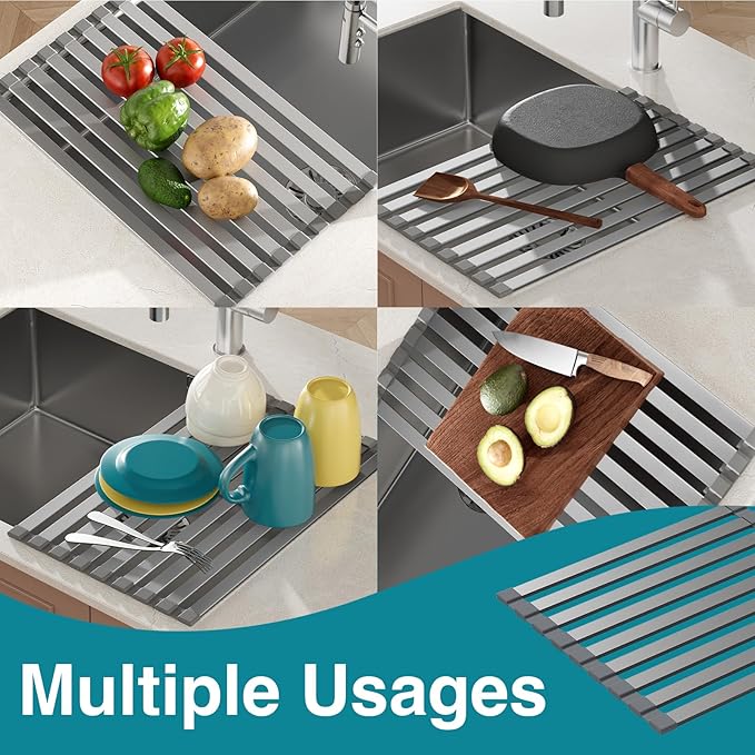 Rectangle Foldable Dish Drying Rack, Non-Slip Silicone Base, Over The Sink Aluminum Dish Drainer Rack for Kitchen Sink, Ideal for Drying Mat Easy to Store,17.7 x 13.4inch Matte Gray