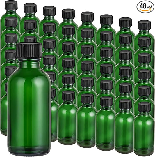 Exlvanto Small Glass Bottles with Lids Boston Round Shot Bottles for Health, Immunity, Ginger Juice, Essential Oils, Potion - Leak Proof Mini Travel Containers (Green UV, 2oz-48Pack)