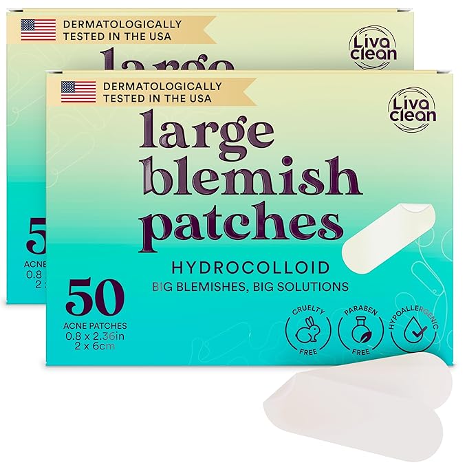 LivaClean LC 𝟏𝟎𝟎 𝐂𝐓, 𝟐 𝐏𝐚𝐜𝐤 Large Hydrocolloid Acne Patches - for Pore Spots Nose Face Cystic Pimple Zit Patch - Big Pimple Patches Hydrocolloid Bandages Strips Stickers Patch XL Large Acne