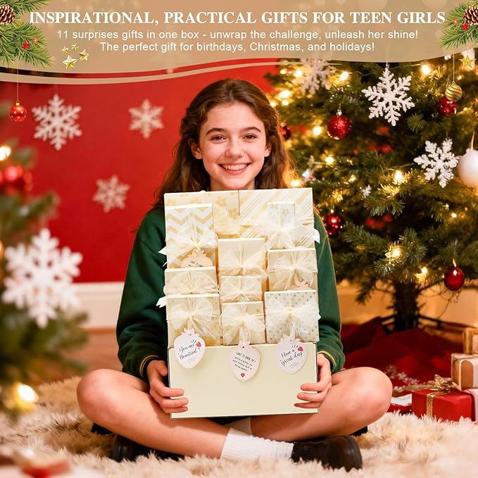 Christmas Gifts for Tween & Teen Girls, 11PCS Birthday Gifts Basket Teen Girls Trendy Stuff with Empowering Tasks Make up Brushes & Bag, Beauty Advent Calendar Wrapped Gifts Box