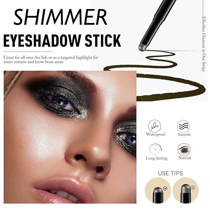 Black Eyeshadow, Shimmer Cream-to-Powder Eye Shadow Stick Waterproof Long Lasting Glitter Neutral Smoky Eyeshadow Pencil Highlighter Makeup High Pigmented Blendable Eyeliner Pen for Women