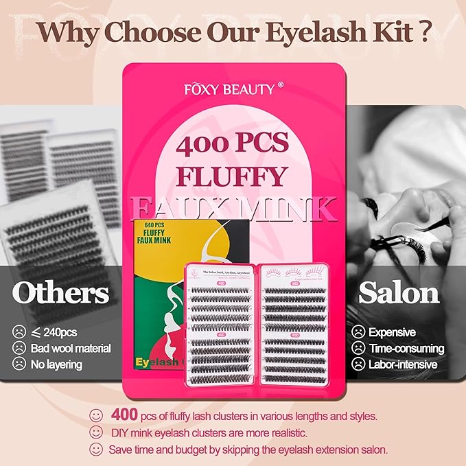 Lash Clusters Fluffy Lashes 40D60D80D100D Lash Clusters Kit D Curl Eyelash Extensions Kit Dramatic Volume 10-16MM Ultra-Thin Band for Beginners