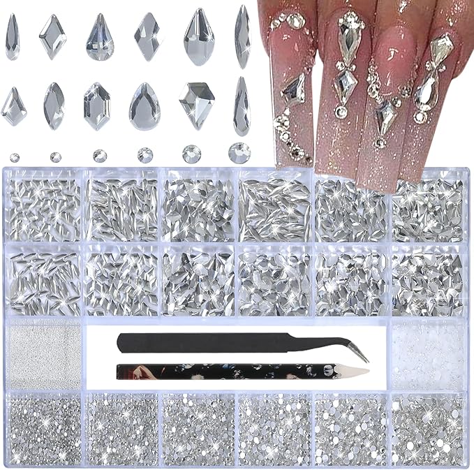 White Nail Rhinestones - 3D Multiple Shape Size Gems, Manicure Beads, Pearls, Flatback Crystals Rhinestones, with Kit, for Nail Art Decor