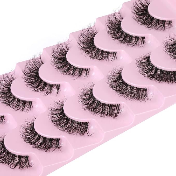JIMIRE False Eyelashes with Clear Band 3D Fluffy Lashes Demi-wispies Natural Look Cat Eye Faux Mink Fluttery Eyelashes 15MM D Curl Eye Lashes Pack 7 Pairs