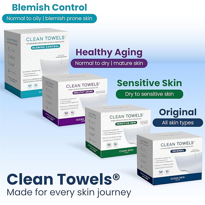 Clean Skin Club Clean Towels® XL Holiday Variety 4-Pack Gift Box – Disposable Face Towels Gift Set, Includes Original, Sensitive, Blemish Control & Healthy Aging, 40 Count Total, 10 Each