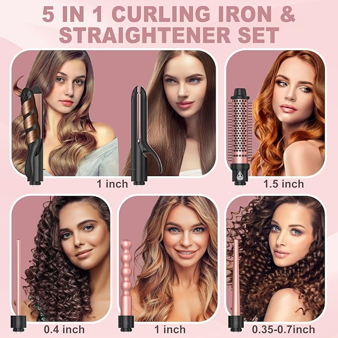 5 in 1 Curling Wand Set, Curling Iron with Curling Brush,Hair Straightener & 3 Interchangeable Ceramic Curling Wand(0.35"-1"), Fast Heat Hair Wand Curler, Include Glove & 2 Clips for Women Girls Gift