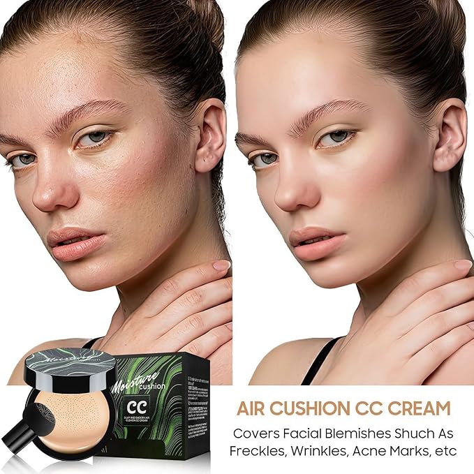 Mushroom Head Air Cushion CC Cream - BB Cream Color Changing Foundation, Full Coverage Concealer for Older Women, Moisturizing & Brightening Foundation for Mature Skin Makeup (Medium Deep)