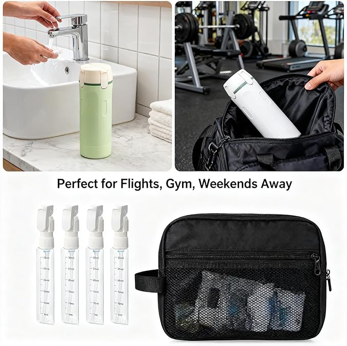 4 in 1 Travel Dispenser Bottle, 4 Pump Travel Bottle Set, 4 in 1 Leak Proof Travel Bottle Dispenser, with Measurement Scale & Label Stickers, for Toiletries (A)
