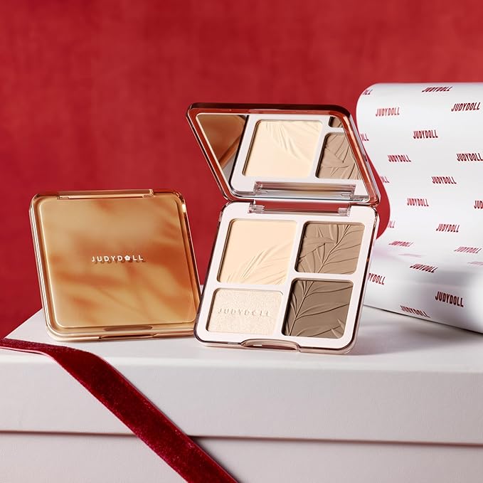 JUDYDOLL Highlight & Contour Palette, All-in-One Matte Highlighter Contour Compact, stocking stuffers, Blendable Face Makeup for Cool Fair and Olive Skin (New Version 01 Wave)
