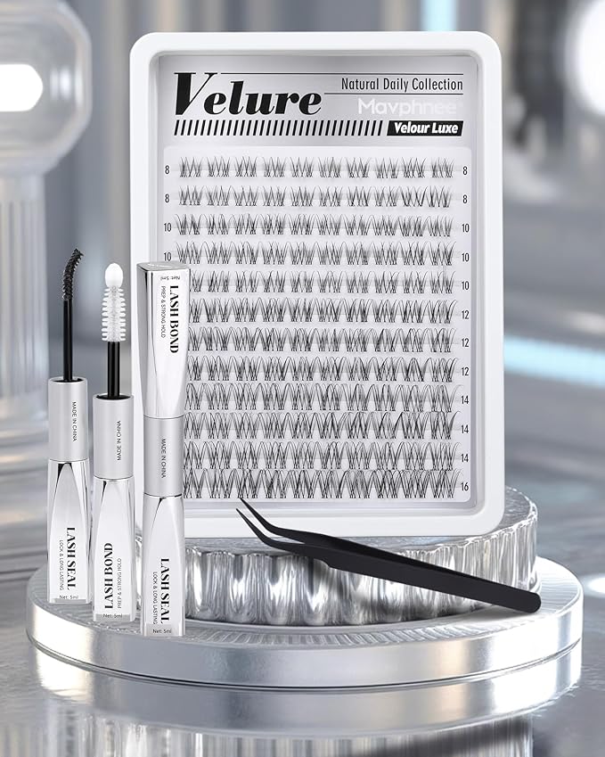 Clear Band Lash Clusters Kit Natural Cluster Eyelash Extensions Kit Wispy Individual Lashes CC-Curly Cluster Lashes Venus Eyelash Clusters Lash Bond and Seal Easy DIY Lash Kit (Velure, 8-16MM)