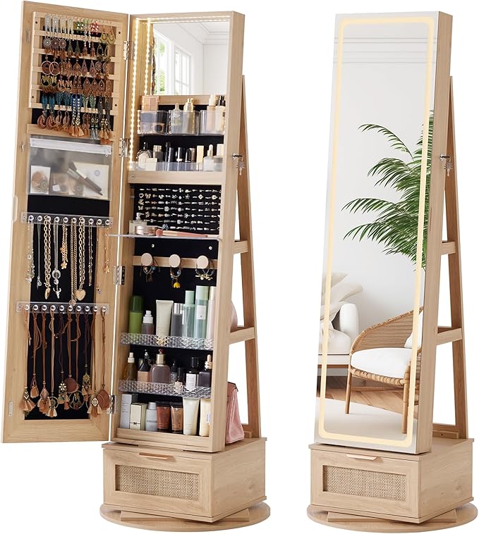 Rattan 360° Swivel Jewelry Armoire Cabinet Standing with Full Length Mirror, Lockable Jewelry Organizers and Drawer Storage with 3 Color LED Lights & Interior Mirror Rear Storage Shelves