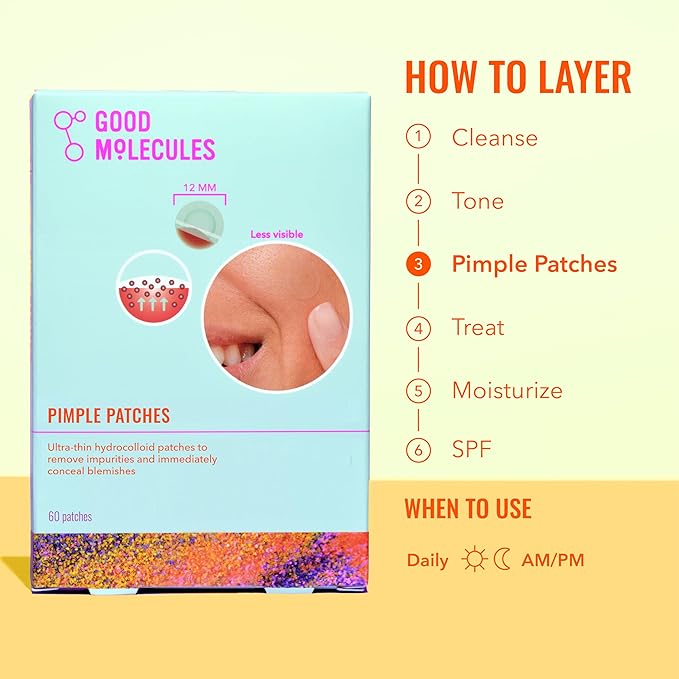 Good Molecules Pimple Patches Pack 3 – 180 Patches (60 × 3 Pack) | Ultra-Thin Hydrocolloid Acne Patches to Conceal Breakouts, Blackheads & Blemishes