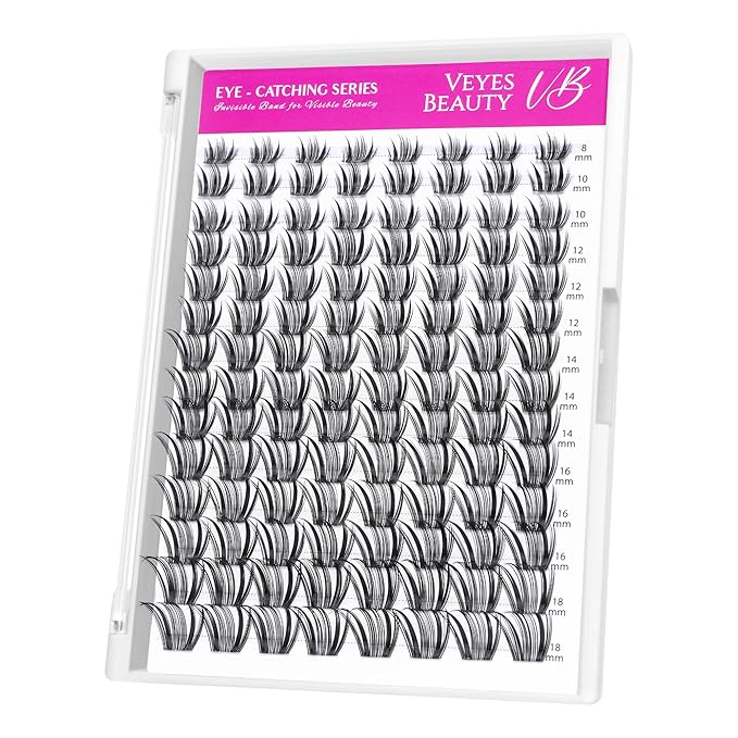 VEYESBEAUTY Lash Clusters Individual Eyelash Extensions Thin & Invisible Band DIY False Eyelashes for Self-application Eye-Catching Series Wispy Lash Tray, Crown 8-18mm Mixed Length