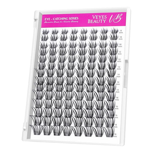 VEYESBEAUTY Lash Clusters Individual Eyelash Extensions Thin & Invisible Band DIY False Eyelashes for Self-application Eye-Catching Series Wispy Lash Tray, Crown 8-18mm Mixed Length