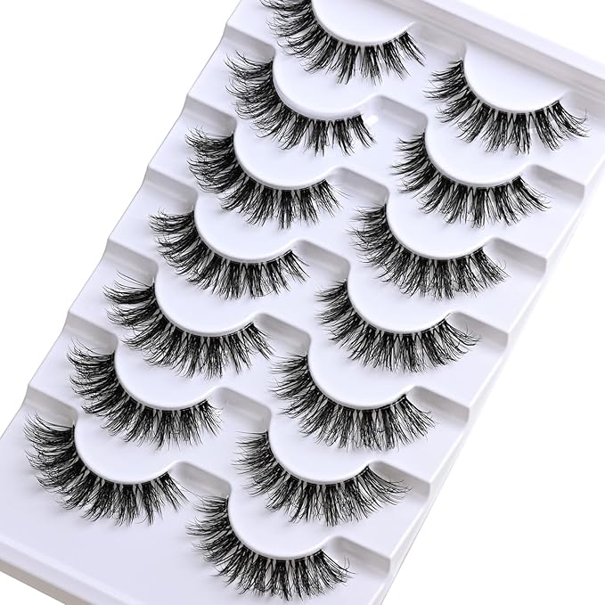 Lashes Wispy False Eyelashes Natural Cat Eye Strip Lash Fluffy Fake Lashes Strips Clear Band Mink Eyelash Natural Look Cateye Demi Wispies Eye Lashes Pack 7 Pairs Short Full Pestañas Set