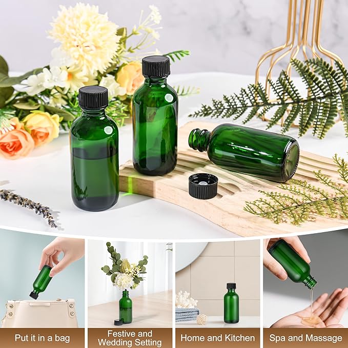 Exlvanto Small Glass Bottles with Lids Boston Round Shot Bottles for Health, Immunity, Ginger Juice, Essential Oils, Potion - Leak Proof Mini Travel Containers (Green UV, 2oz-24Pack)