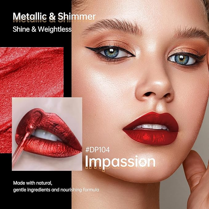 Depuplum 3Pc Lipsticks Set for Women Metallic Lipstick Long Lasting Dark Red Pink Burgundy Lip Gloss, Metal Shine Lightweight Hydrating Full Coverage Lip Color, DP101/104/108