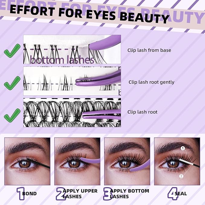 B&Qaugen Eyelash Extension Kit with Bottom Lash Extension 10-18mm 30D D Curl Lash Clusters Kit with Bottom Lashes DIY Lash Extension Kit Bond and Seal Lash Applicator (Kit-30D-D-MIX10-18)