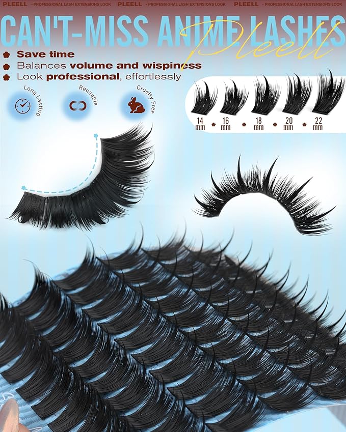 Lash Clusters Volume Manga Eyelash Clusters With Spikes Anime Cluster Eyelash Extensions 14-22mm D curly Individual Lashes Natural Volume Cluster Lashes Wet Look