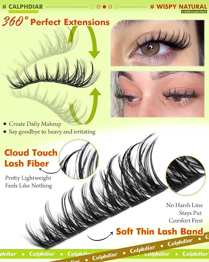 Calphdiar DIY Lash Extension Kit Thick Lash Clusters Kit Wispy Eyelash Clusters 8-18mm D Curve Eyelash Extension Kit Manga Spiky Lash Extension Individual Lashes with Lash Bond and Seal Tweezers
