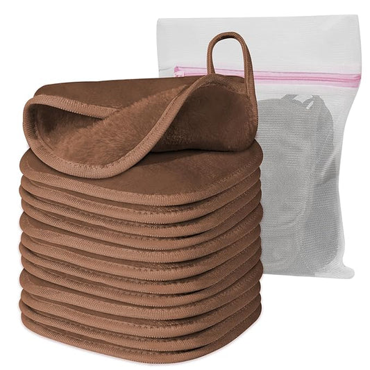 Natwag Makeup Remover Cloth, 6" x 6" Make Up Towels Reusable Face Cloth for Washing Face, Makeup Remover Pads Microfiber Face Washcloth with Mesh Bag, Just Water, 12 Pack, Brown