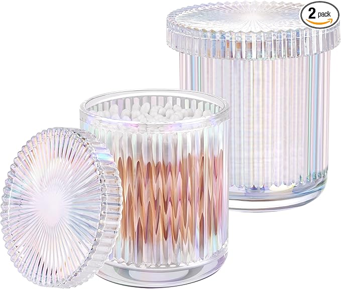 MKOSAB 2 Pack Qtip Holder - Apothecary Jars with Lids, Bathroom Organizers and Storage Canister for Cotton Balls,Swabs,Floss Picks,Hair Ties,Clear Glass Vintage Bathroom Decor Jar Set (Iridescent)