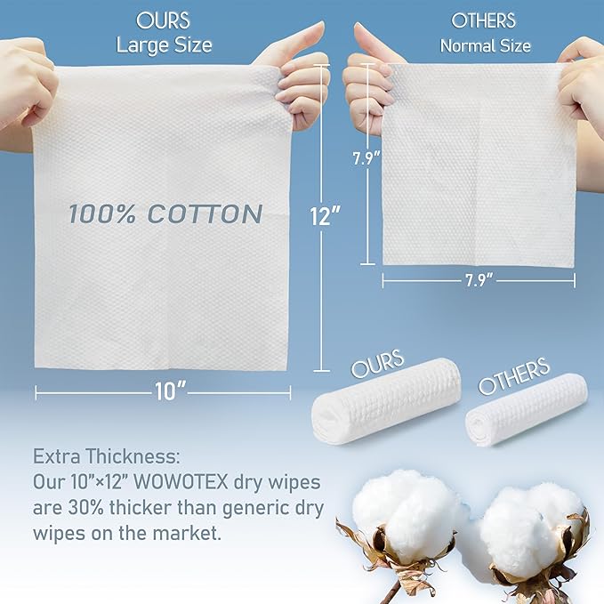 WOWOTEX 100% Cotton Disposable Face Towel 50 Count 10x12 Inch | Biodegradable Thick Soft One Time Use Dry Wipes for Sensitive Skin, Baby Care, Facial Cleaning, Makeup Removal