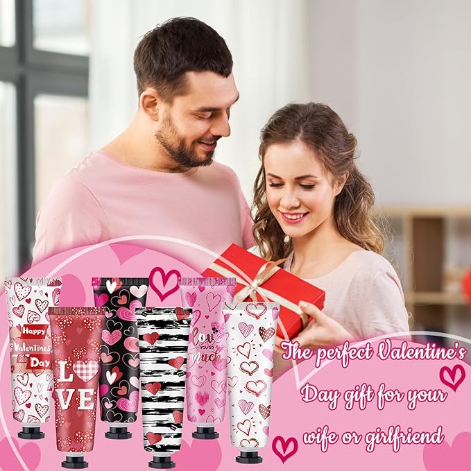 Loopeer 24 Sets Valentine's Day Hand Cream Lip Balm Bulk Gifts Galentine's Day Gift Valentine Party Favor Love Heart Mini Travel Size Moisturizing Hand Lotion for Women Coworker Teacher Nurse, 30 ml